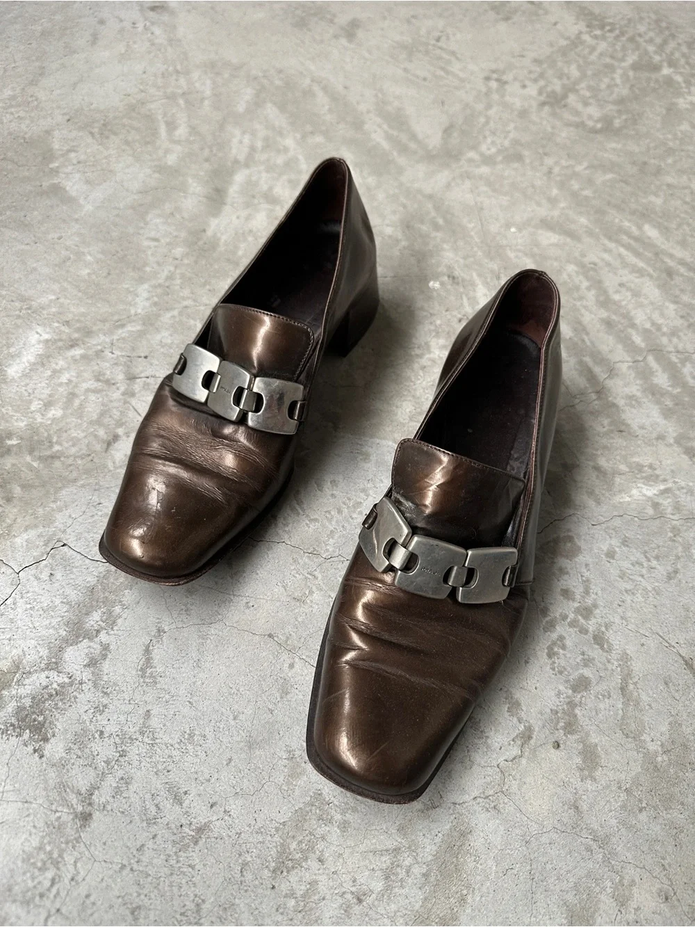 90’s Vintage Prada loafers 38 copper brown block heel square toe silver hardware
